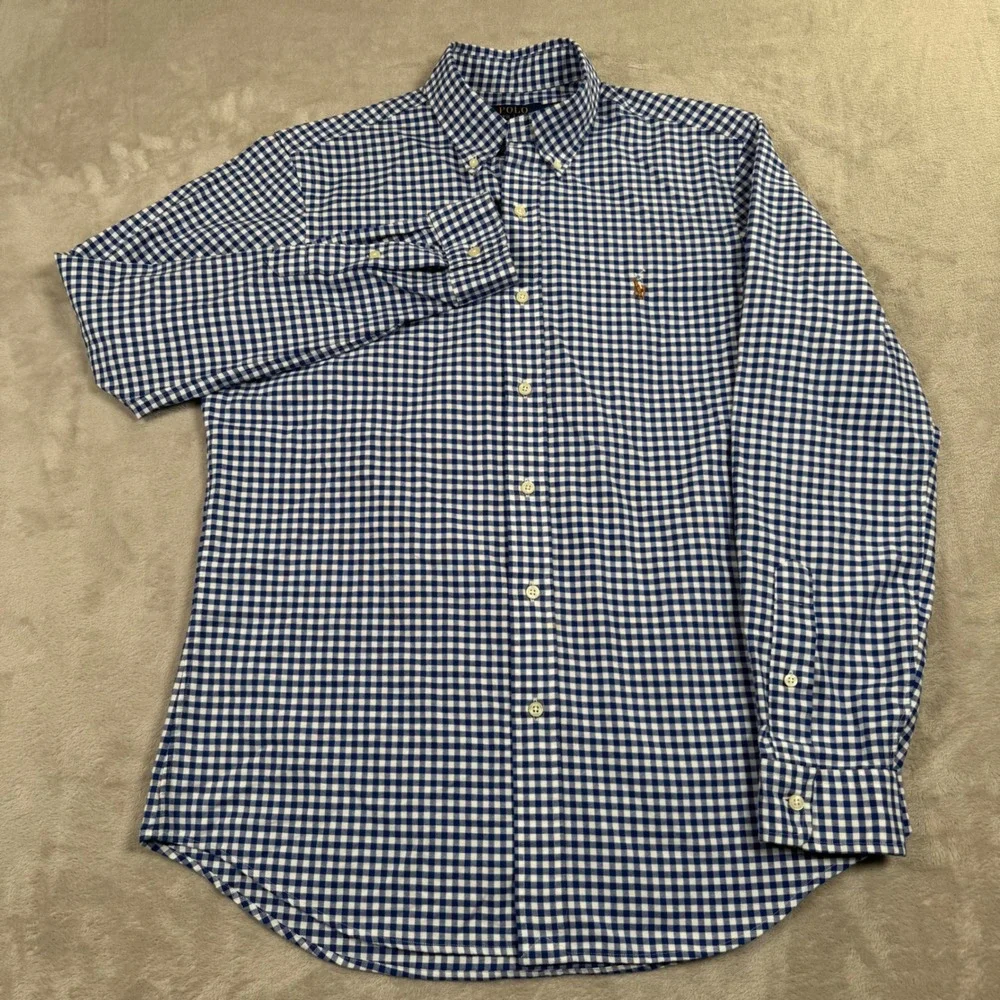 Polo Ralph Lauren Button Down Shirt Mens M Blue Gingham Classic Fit Long Sleeve